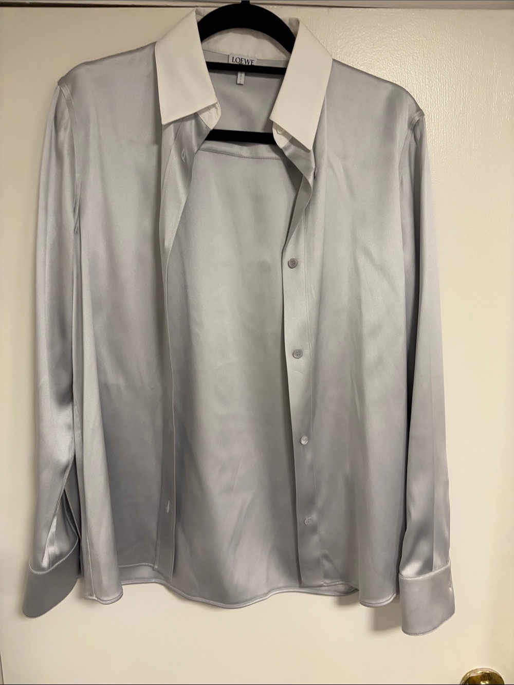 LOEWE Women’s Silver Silk Shirt with White Collar size 36